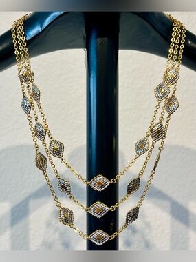 Vintage Gold and Silver Tone Layered Diamond-Shaped Station Necklace